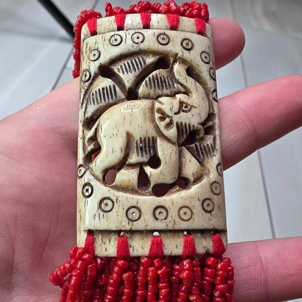 Vintage‎ Red Multi Strand Seed Bead Elephant Carved Statement Necklace Boho